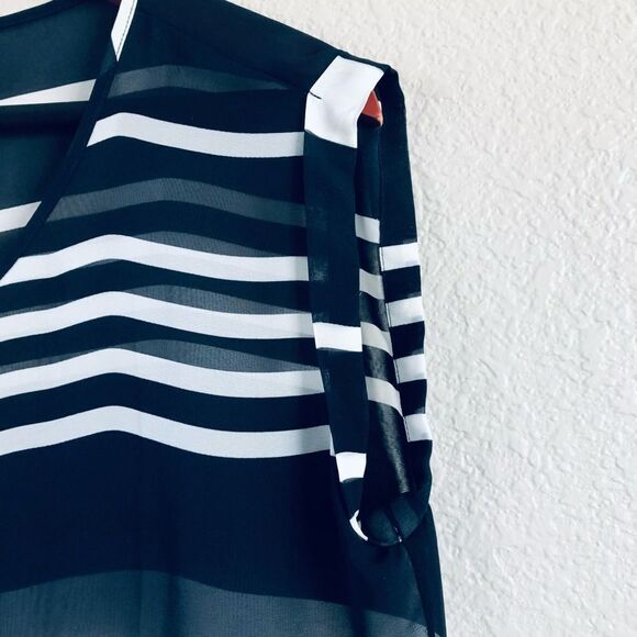 LOFT Ann Taylor Navy Blue Sheer Striped Loose Top SP - Picture 3 of 5